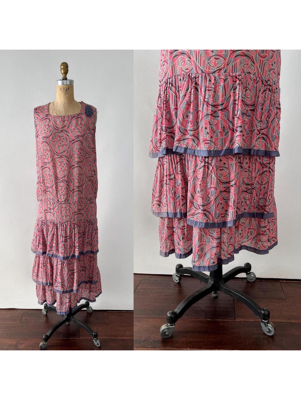Antique 1920s Pink Geometric Print Silk Ruffled Midi Drop Waist Flapper Dress XS